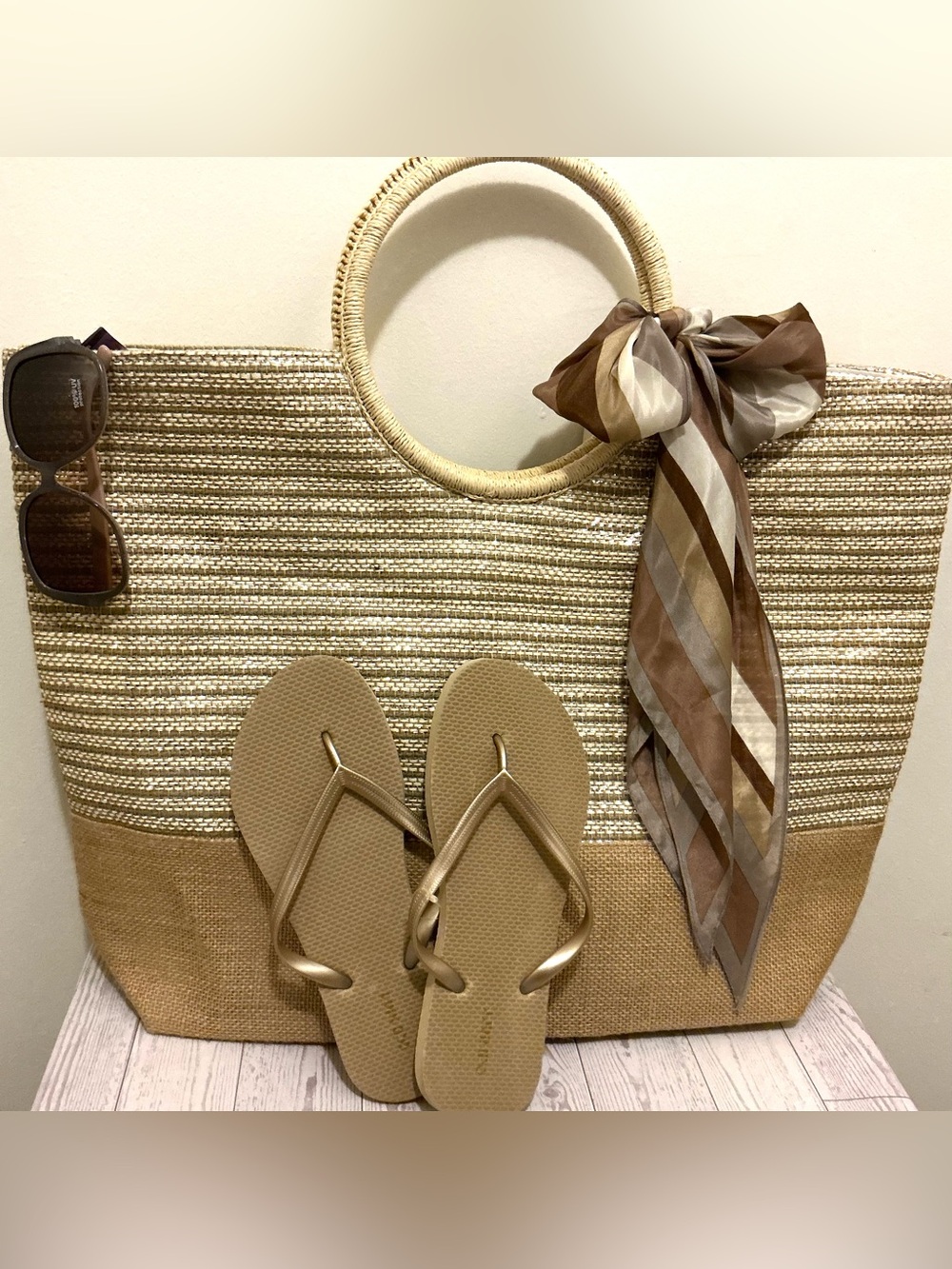 Tote Bag with Silk Scarf & Gold Flip Flops & Grey sparkly Sunnies,Beach Bundle